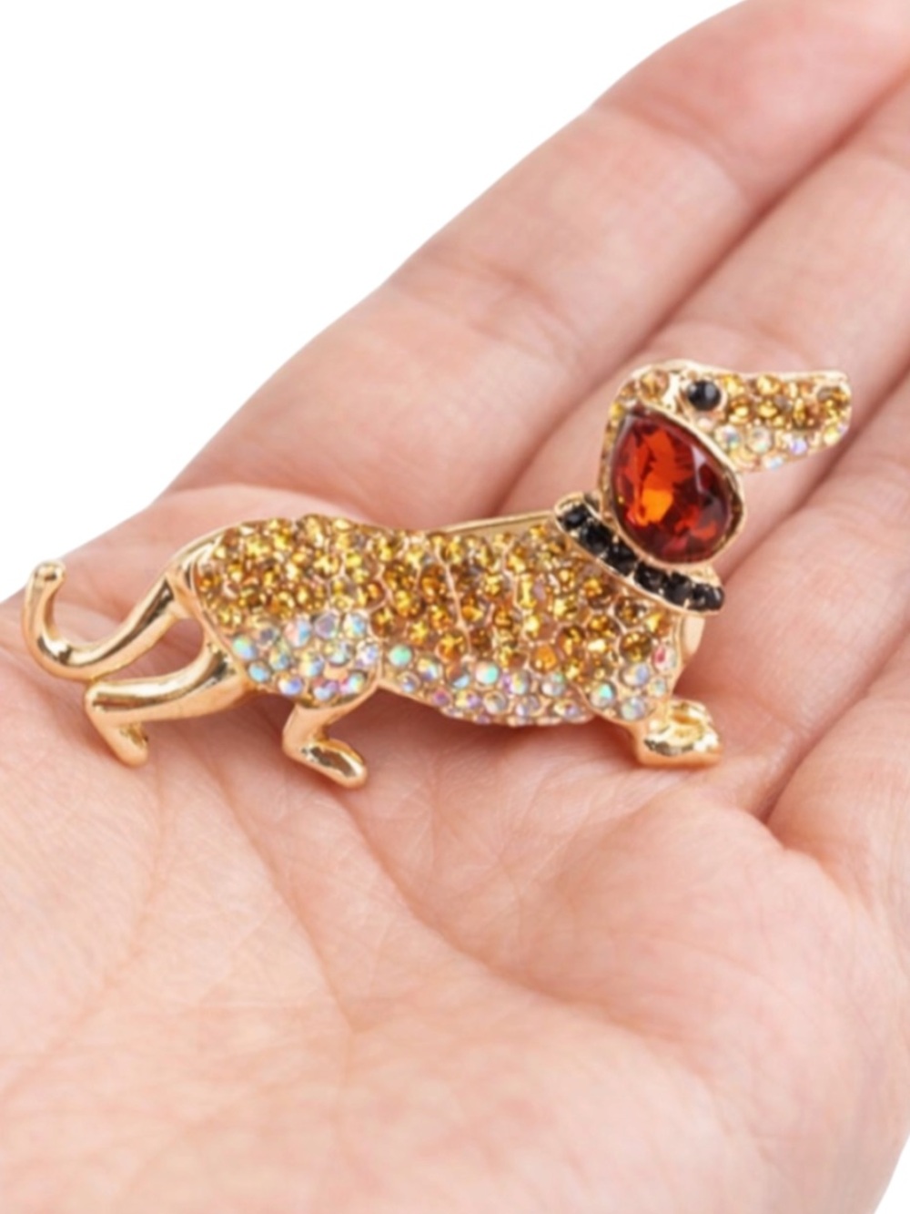 Gold Dachshund Brooch – Crystal Dog Lapel Pin Whimsigoth Coquette